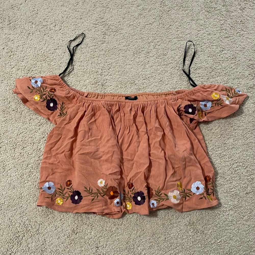 Forever 21 Orange Cold Shoulder Crop Top with Flower Embroidery